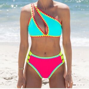 Popvil One Shoulder Cutout Shell Trim Side Strappy Bikini Set